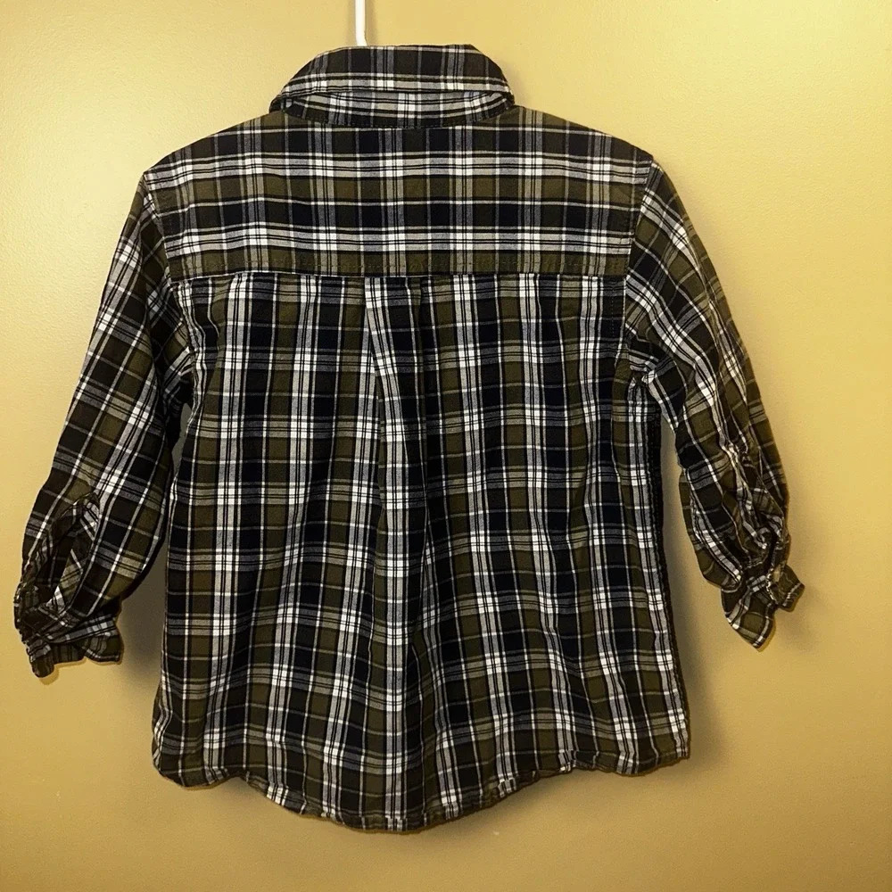 OshKosh B'Gosh Toddler Boys 4T Vtg‎ USA Blue Plaid Button Up Shirt Long Sleeve